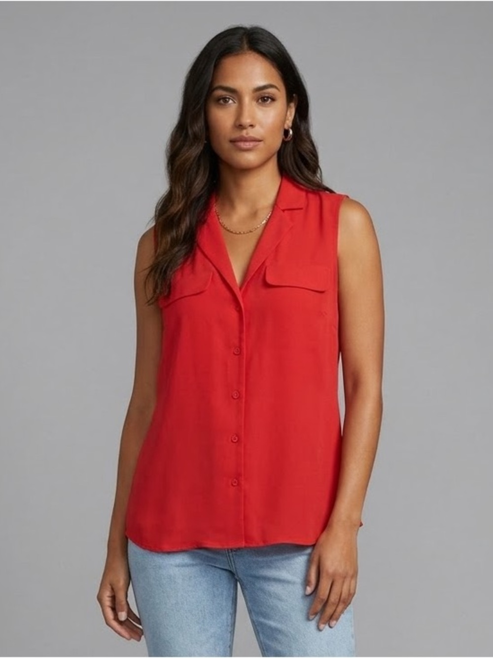 Halogen Red Sleeveless Collared Pocket Utility Shirt